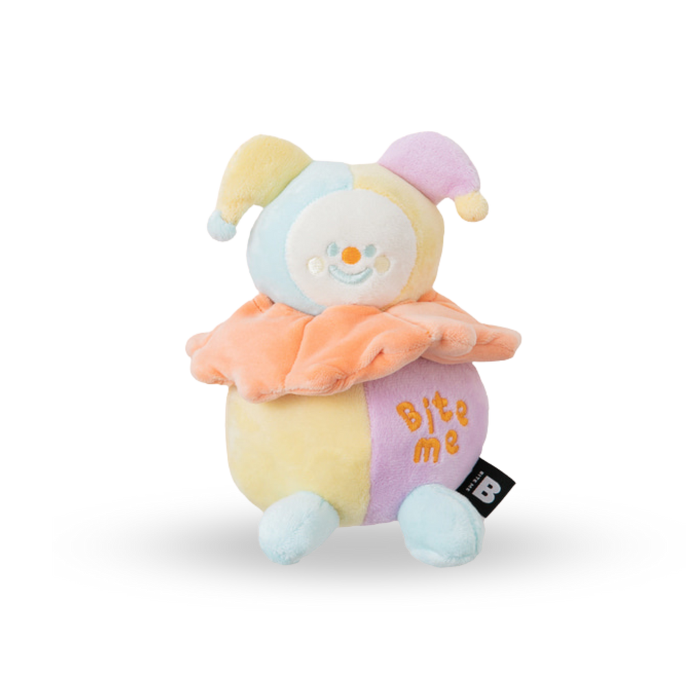 BITE ME Long-Lasting Nosework Clown Toy plush dog toy with treat pockets, squeaker, and crinkly hood for interactive nosework play