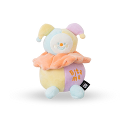 BITE ME Long-Lasting Nosework Clown Toy plush dog toy with treat pockets, squeaker, and crinkly hood for interactive nosework play