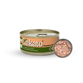 Kakato Salmon & Tuna premium pet food can with visible chunks of salmon and tuna inside