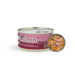 Kakato Chicken Salmon Vegetables premium pet food can with visible mixed chicken, salmon, and vegetable chunks inside.