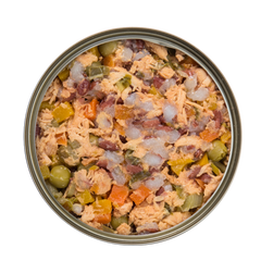 Open can of Kakato Chicken Salmon Vegetables wet pet food showing mixed chunks of chicken, salmon, and vegetables