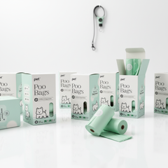Pet poo bags packaging and rolls on a white background