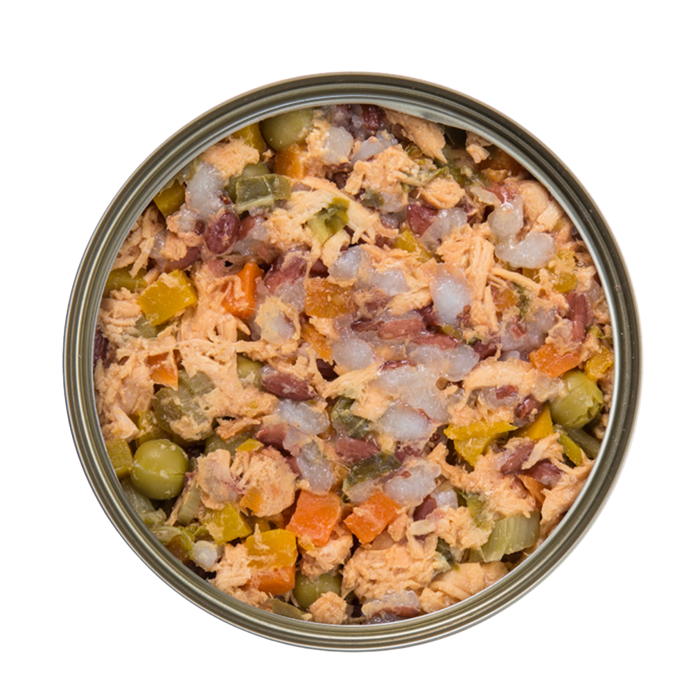 Open can of Kakato Chicken Salmon Vegetables wet pet food showing mixed chunks of chicken, salmon, and vegetables