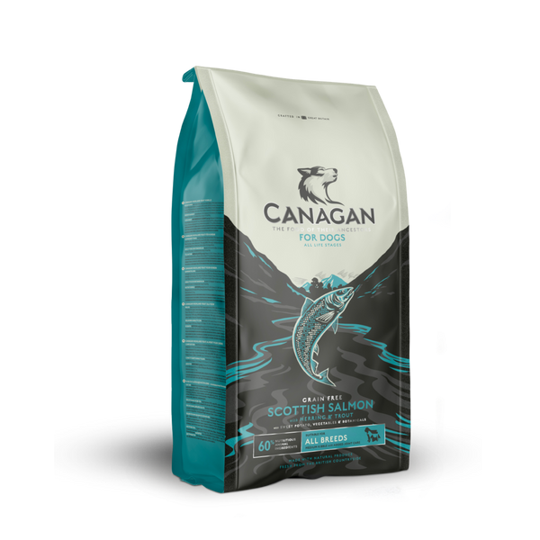 Canagan Grain Free Scottish Salmon dog food bag with wild salmon and natural ingredients for all breeds