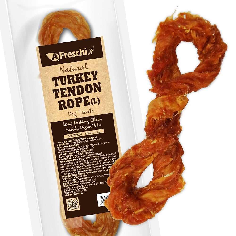 Natural Turkey Tendon Rope dog chew treat, long-lasting and easily digestible, made from 100% natural turkey tendon with no additives or preservatives.