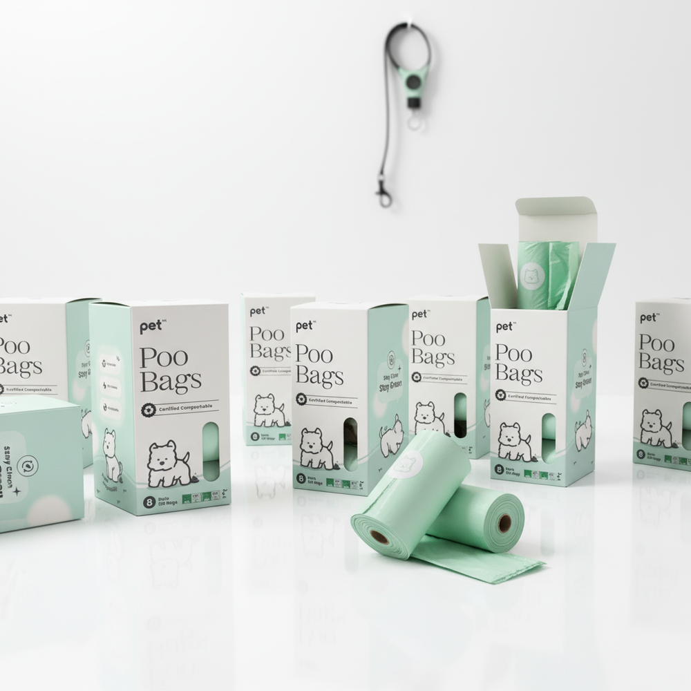 Pet poo bags packaging and rolls on a white background