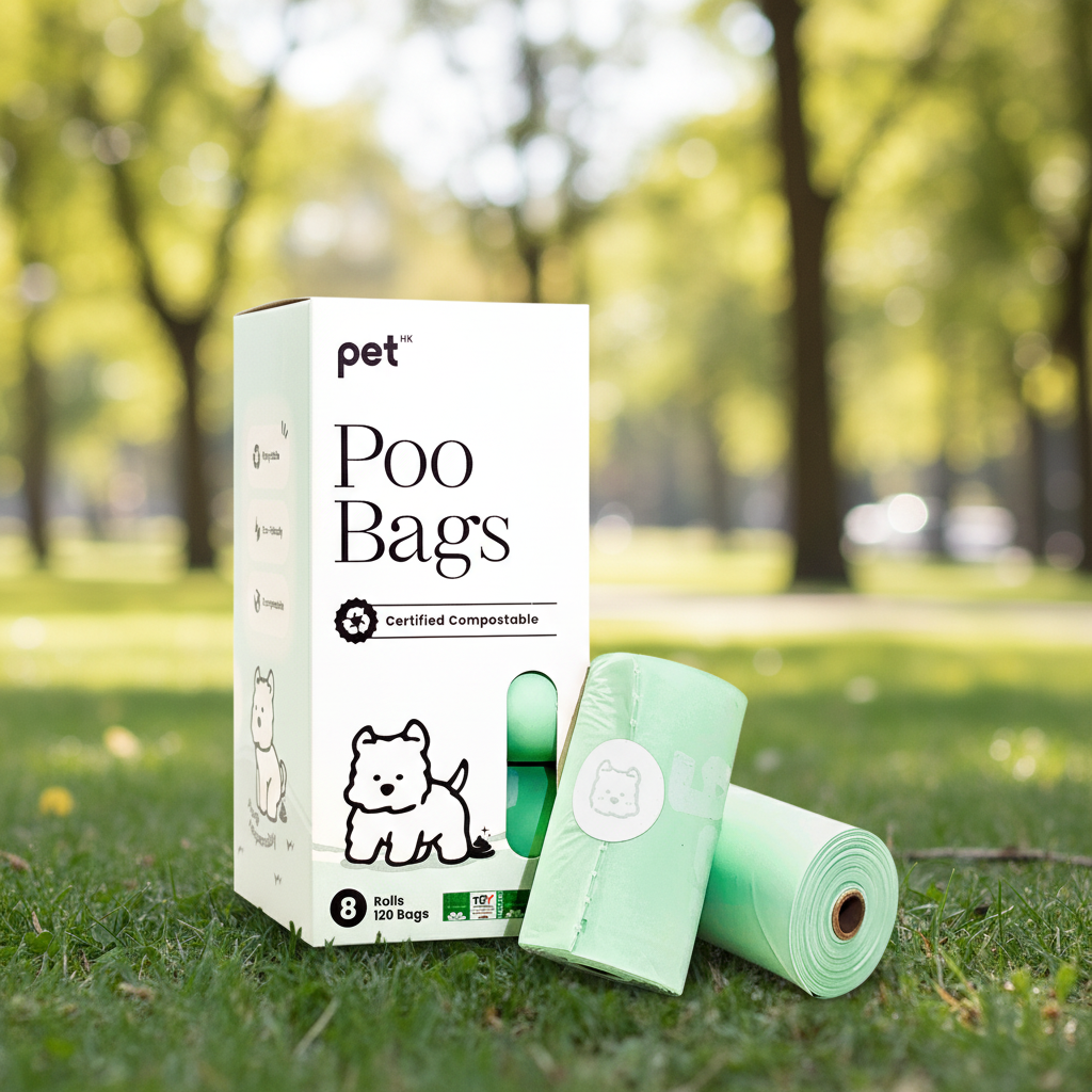 Box of certified compostable pet poop bags on grass with trees in the background